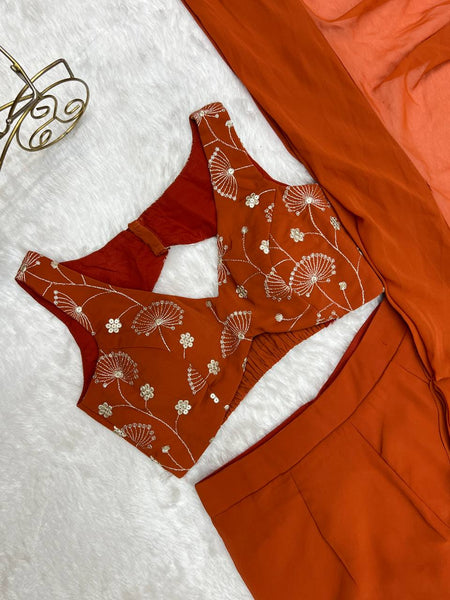 Rust Color Georgette Sequence Ready to wear Plazo Saree