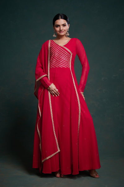 Party Wear Red Color Georgette Gotta Pattii Gown