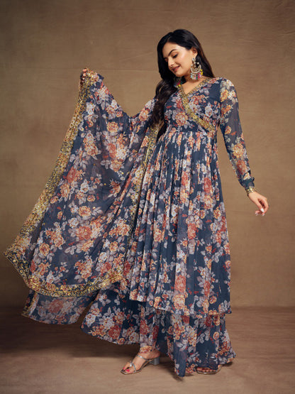 Blue Color Embroidered Chiffon Plazo Suit