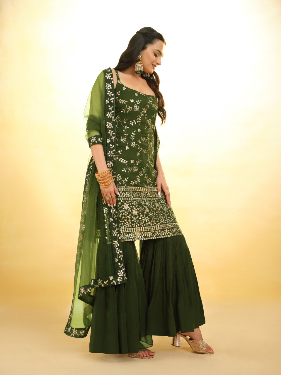 Green Color Embroidered Georgette PLazo Suit