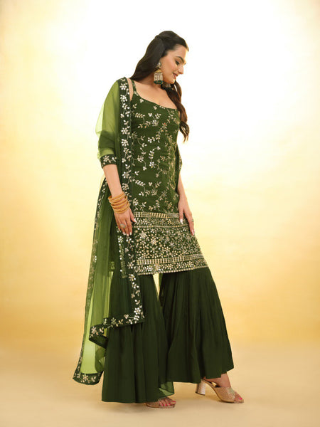 Green Color Embroidered Georgette PLazo Suit