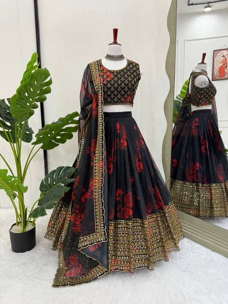Black Color Organza Printed Sequence Lehenga Choli