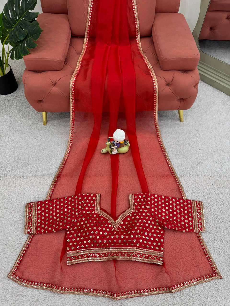 Organza Silk Saree with All-Over Thread & Sequin Work and Matching Blouse