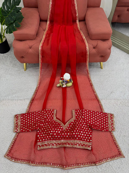 Organza Silk Saree with All-Over Thread & Sequin Work and Matching Blouse