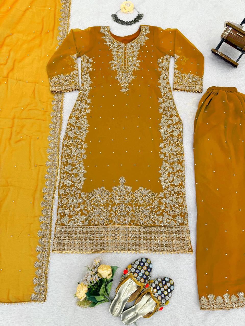 Faux Georgette Dress with Coding & Sequence Work | 3-Piece Plazo Suit