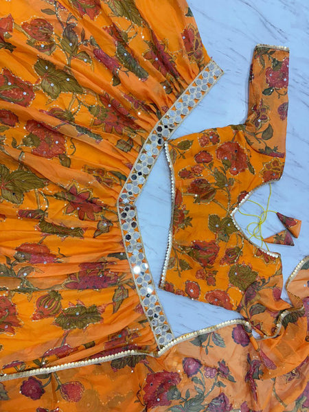 Vibrant Orange Floral Taby Silk Lehenga Choli Set