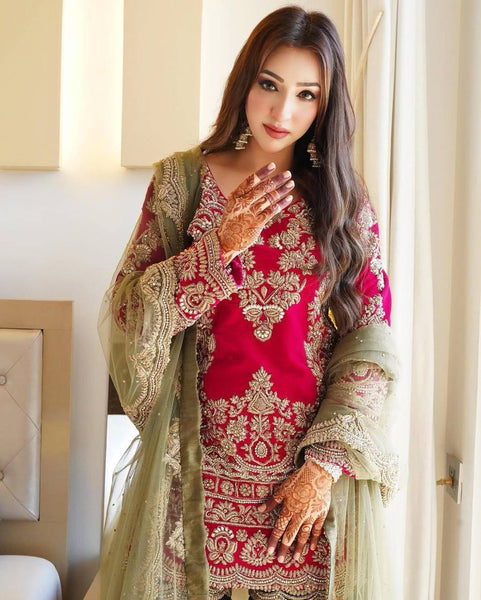 Red Color Georgette Embroidery Plazo Suit