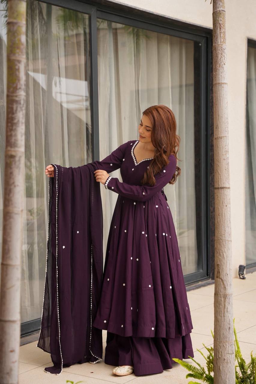 Wine Color Georgette Embroidery Plazo Suit