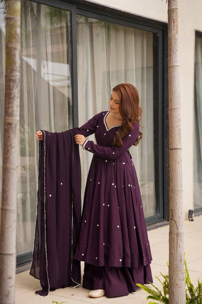 Wine Color Georgette Embroidery Plazo Suit