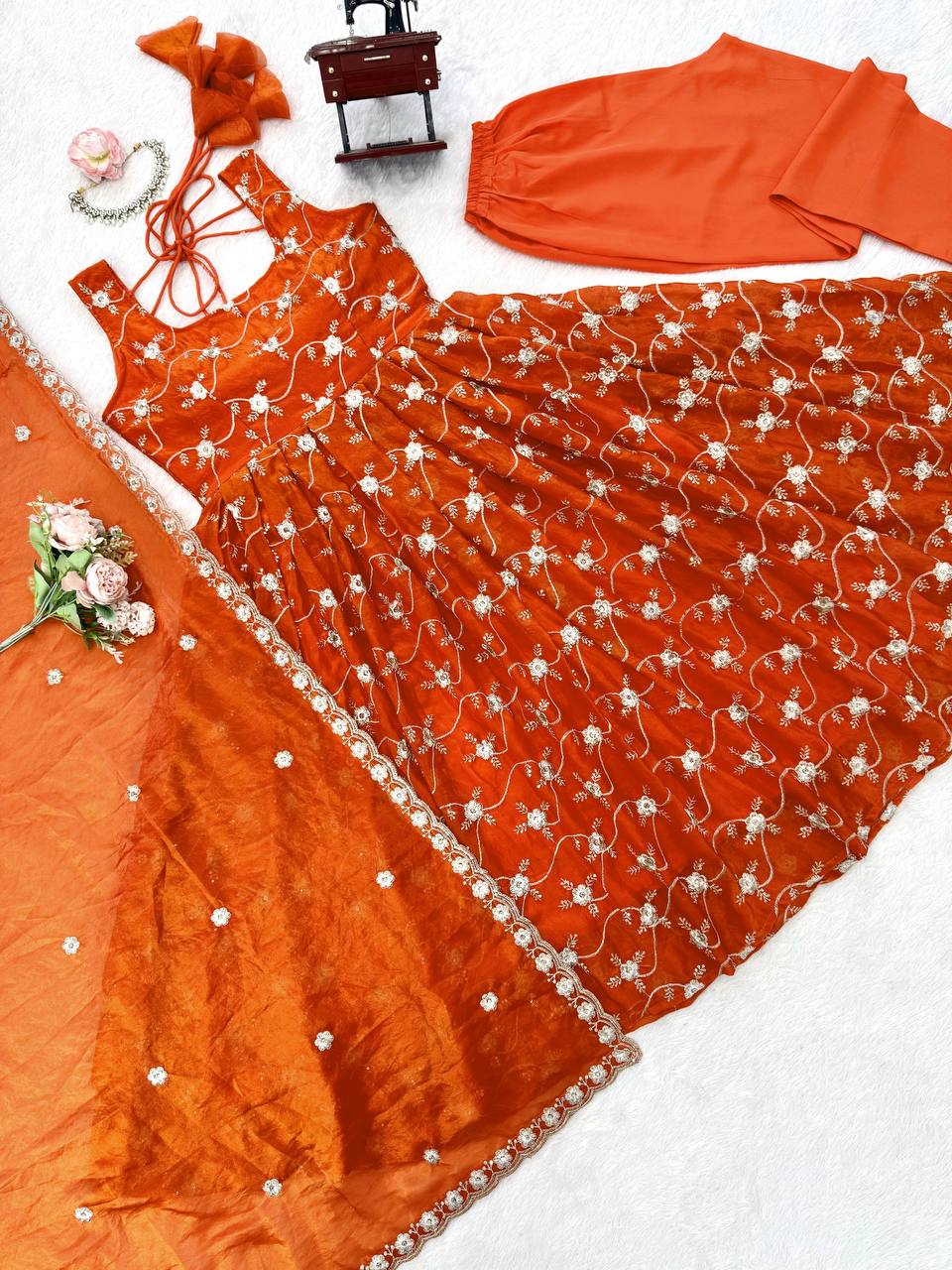 Orange Heavy Fendy Silk Anarkali Dress with Dupatta | Thread & Sequin Work | Sizes M to XXL