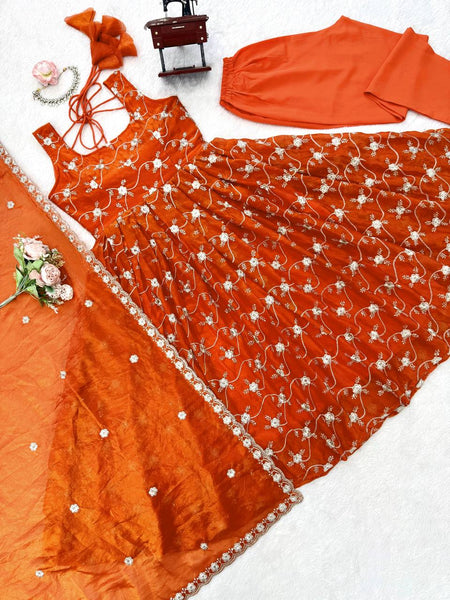 Orange Heavy Fendy Silk Anarkali Dress with Dupatta | Thread & Sequin Work | Sizes M to XXL