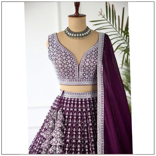 Wine Color Georgete Thread Lehenga Choli