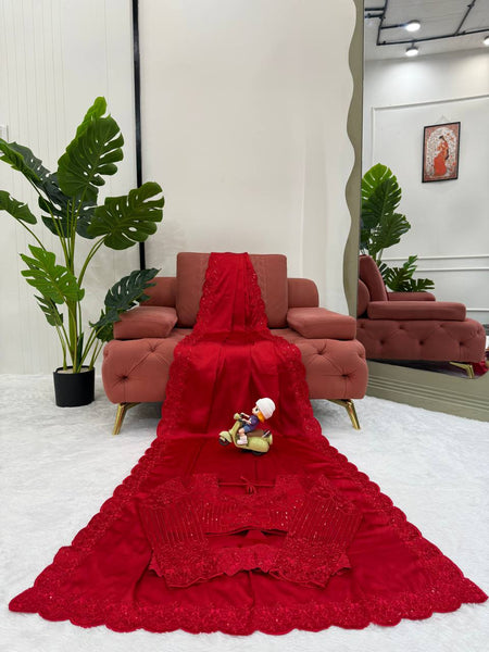 Party Wear RED Color Satin Silk Sequence Thread Work Saree Blouse