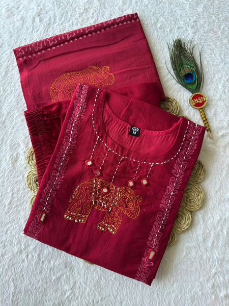 Red Hand Work Roman Silk Kurti Pant Set