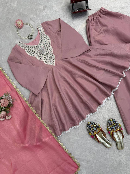 Elegant Cosmos Silk Plazzo Set with Real Mirror Work