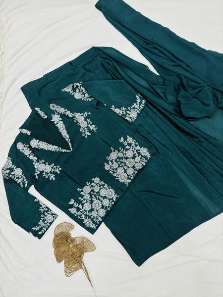 Designer Chinnon Silk Ready-to-Wear Drape Saree with Multi-Thread Embroidered Jacket Blouse