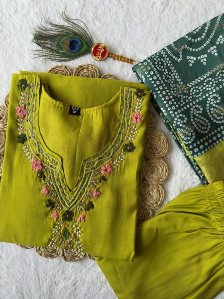 Green Color Hand Work Roman Silk Ready Made Salwar Suit