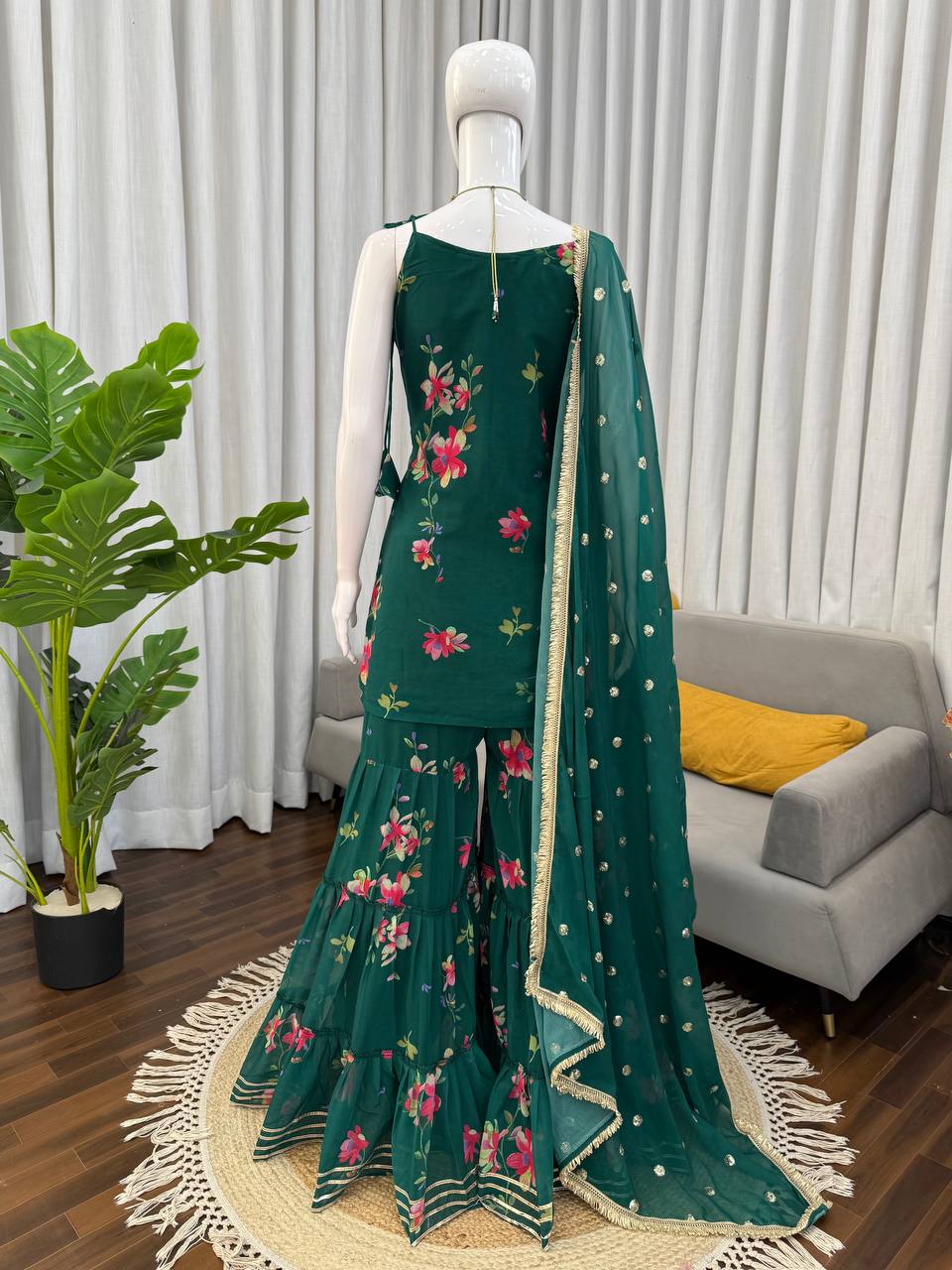 Elegant Digital Print Faux Georgette Sharara Set with Ruffle Style