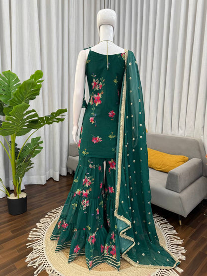 Elegant Digital Print Faux Georgette Sharara Set with Ruffle Style