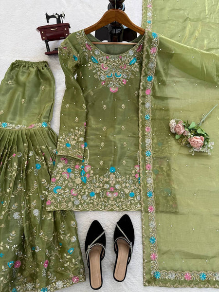 Premium JMC Silk Sharara Set with Sequence & Rivet Moti Work