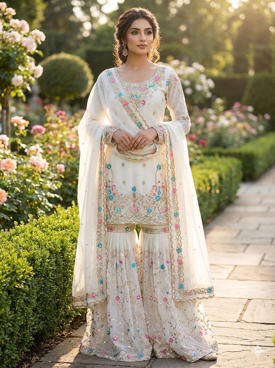 Premium JMC Silk Sharara Set with Sequence & Rivet Moti Work