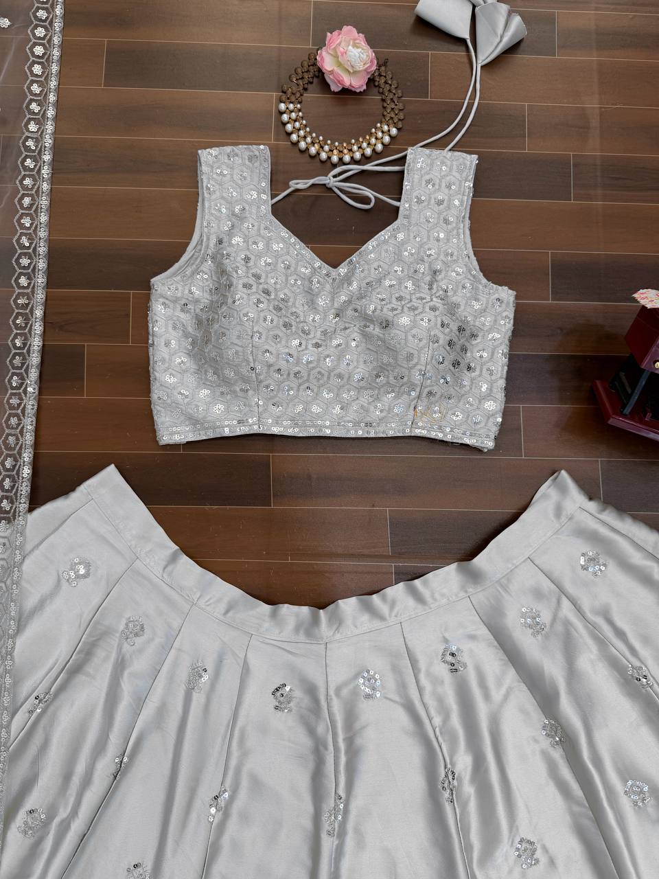 Elegant Silver Japan Satin Embroidered Lehenga Choli Set