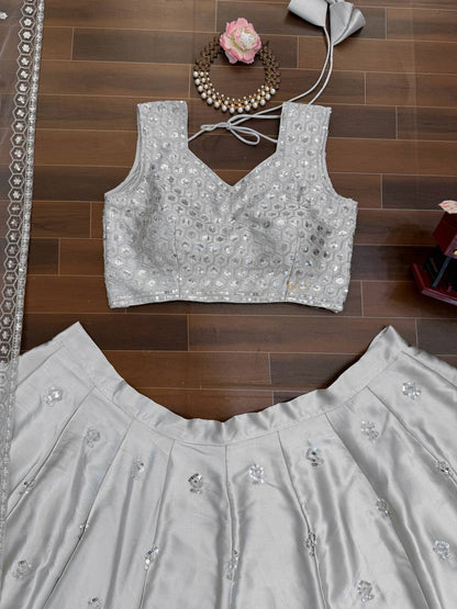 Elegant Silver Japan Satin Embroidered Lehenga Choli Set