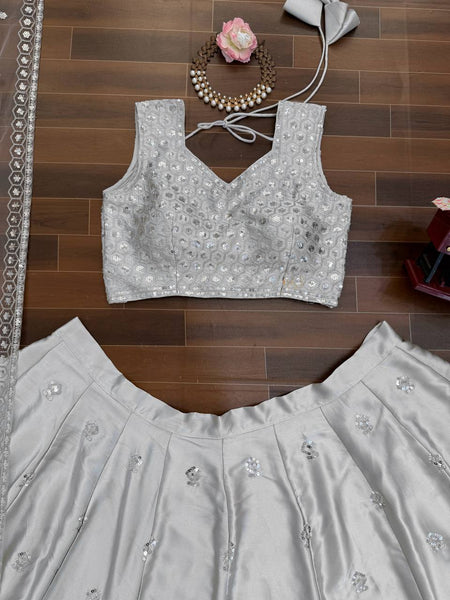 Elegant Silver Japan Satin Embroidered Lehenga Choli Set