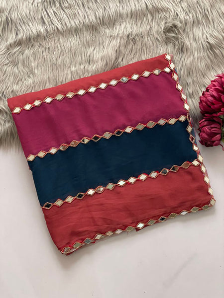 Bollywood Blockbuster: Premium Faux Georgette Saree with Real Mirror Work & Coding Lace