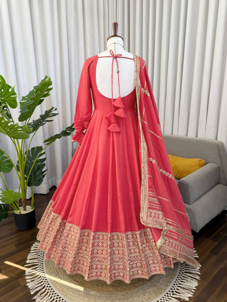 Premium Pink Chinon Silk Anarkali Suit Set