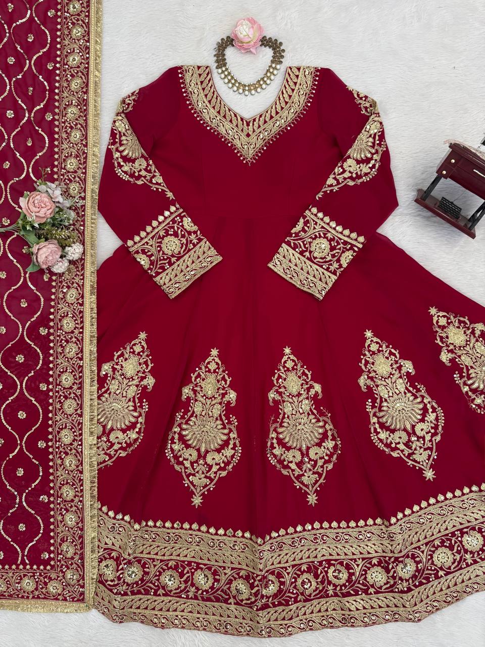 Faux Georgette Embroidered Anarkali Set with Pant & Dupatta