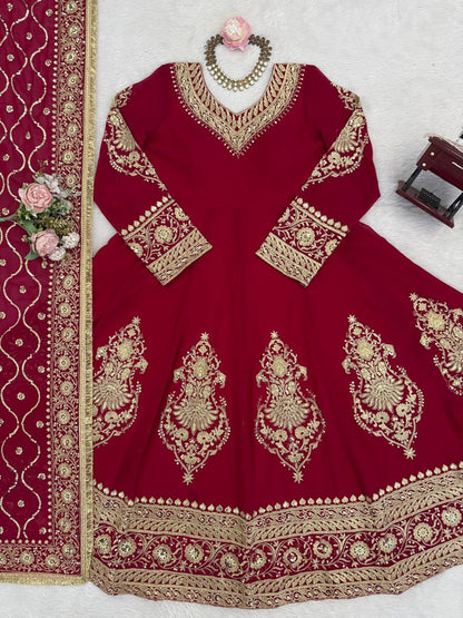 Faux Georgette Embroidered Anarkali Set with Pant & Dupatta