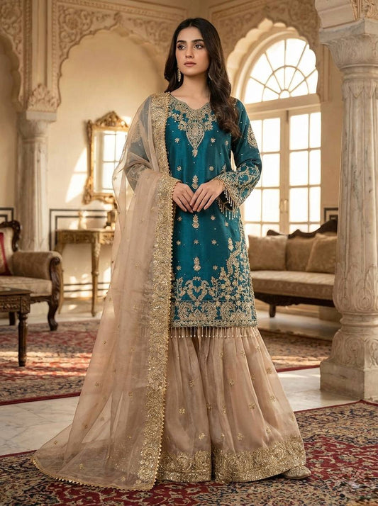 Heavy GMY Silk Embroidered Sharara Suit Set