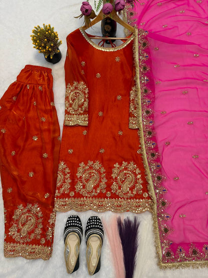 Exquisite Embroidery Fandy Crushi Silk Farshi Salwar Suit Set