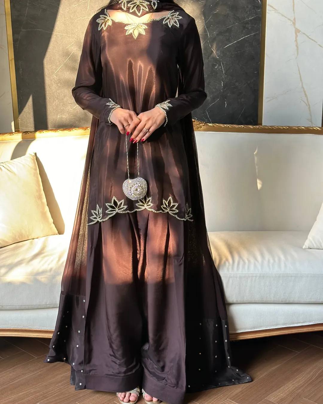 Heavy Natural Crepe Embroidered Farshi Salwar Suit