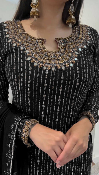 Elegant Faux Georgette Embroidered Suit Set with Real Mirror Work Latkan