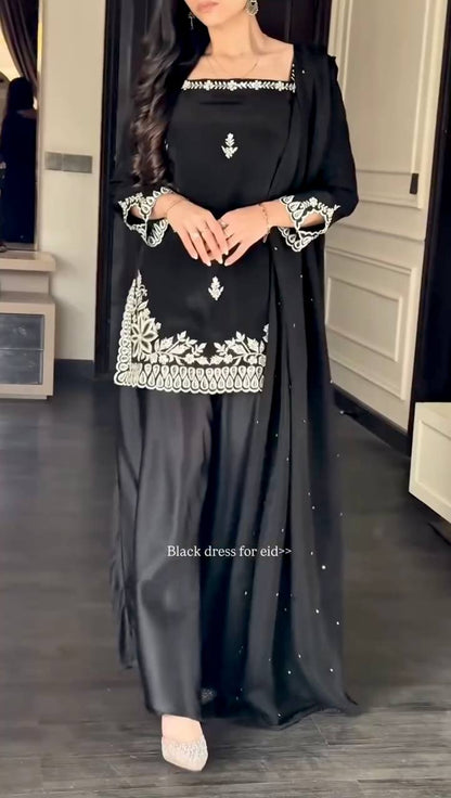 Elegant Heavy Natural Crep Top Palazzo Set with Tibby Silk Moti Work Dupatta