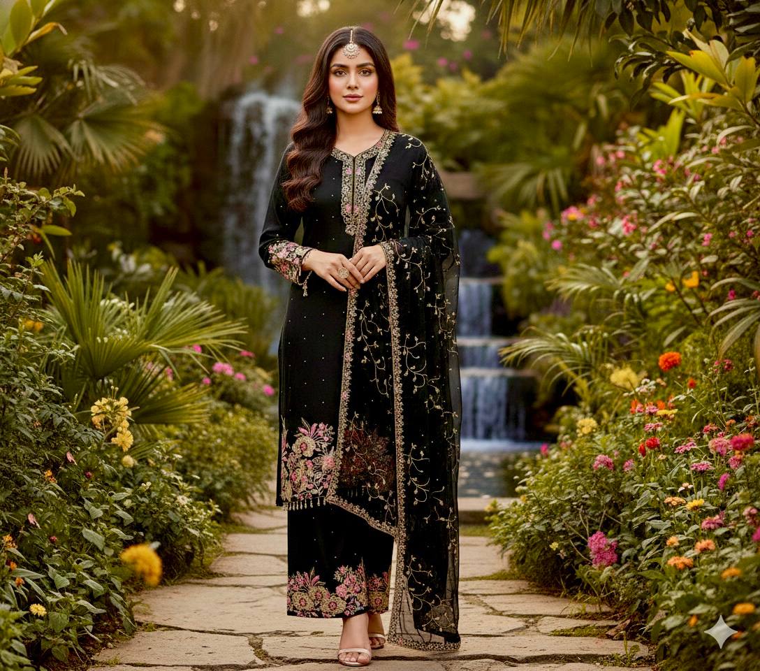 Exquisite Faux Georgette Embroidered Palazzo Set