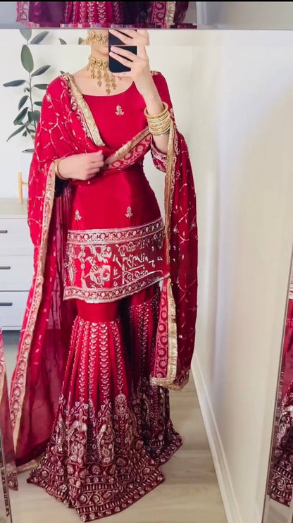 Embroidered Chinon Silk Sharara Set with Sequence Work