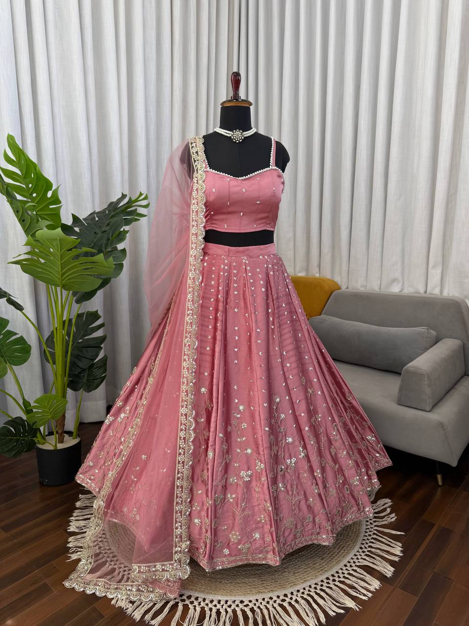 Elegant Japan Satin Lehenga Choli with Coding Dori Sequence Work