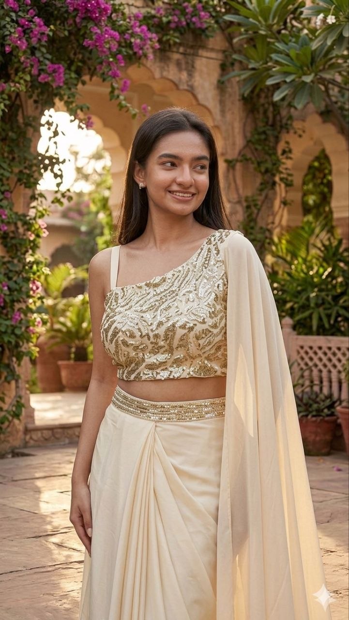 Elegant Crape Silk Dhoti Style Saree – Ready-to-Wear with Multi-Thread Embroidery & Sequin Work
