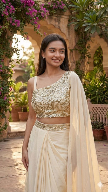 Elegant Crape Silk Dhoti Style Saree – Ready-to-Wear with Multi-Thread Embroidery & Sequin Work