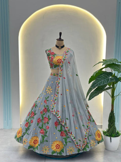 Exquisite Faux Georgette Lehenga Choli with Sequin Thread Embroidery