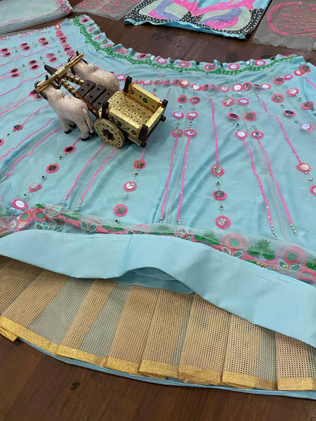 Designer Soft Butterfly Net Lehenga Choli with Real Mirror and Pearl Work - 3.5M Flare and Cancan