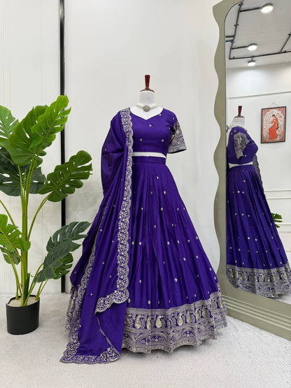 Premium Chinon Silk Fully Stitched Lehengha Choli with Heavy Sequence Threadwork 3-Meter Cancan Flair