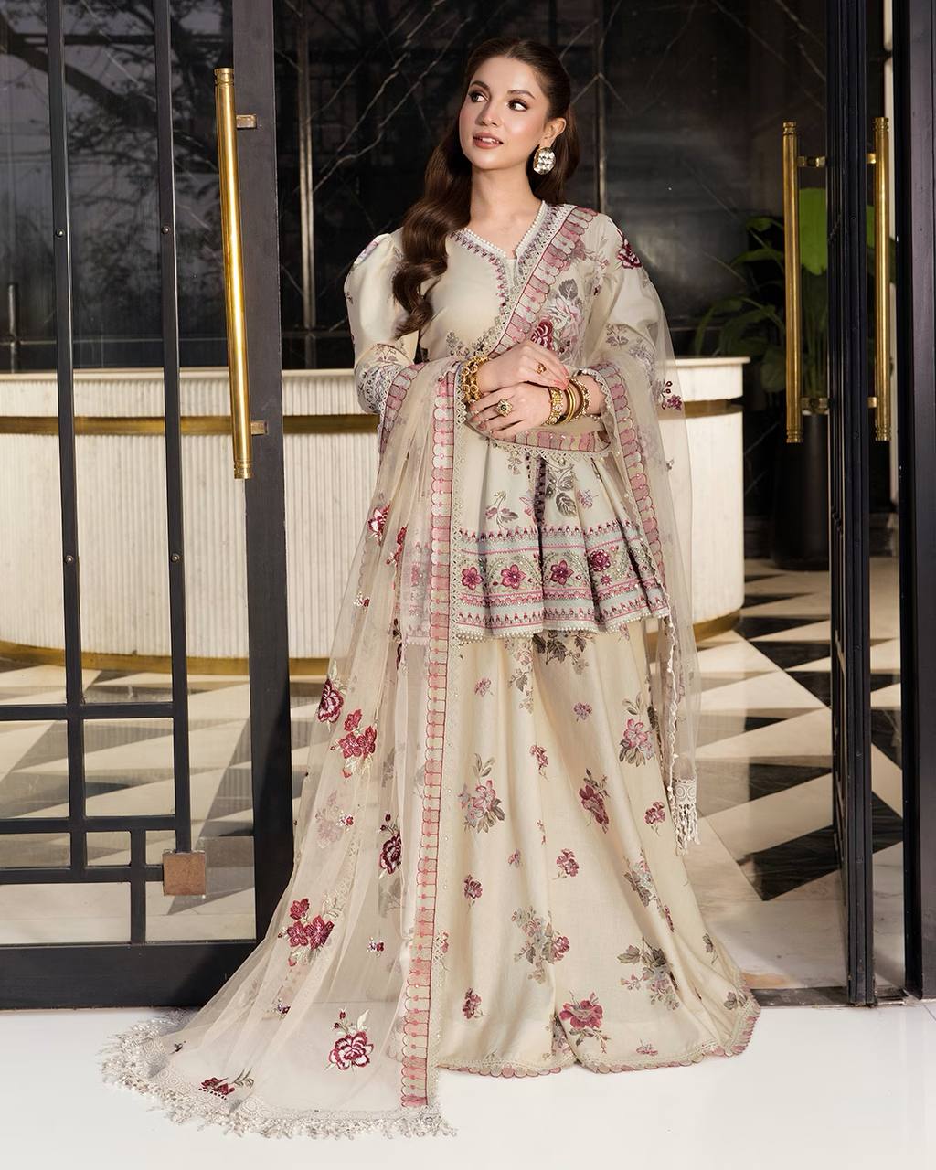 Heavy Natural Crepe Silk Peplum Top with Sharara & Dupatta Set