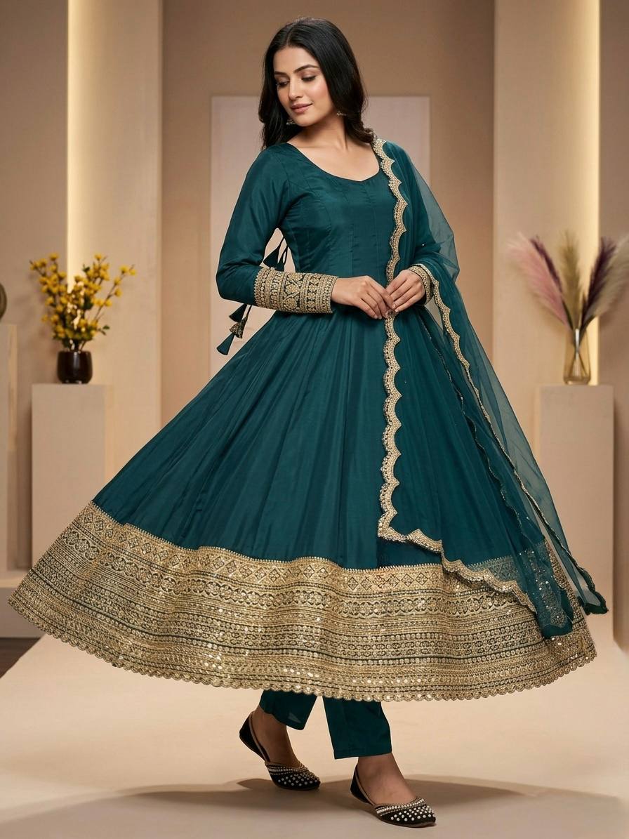 Heavy Natural Crape Embroidered Anarkali Suit Set
