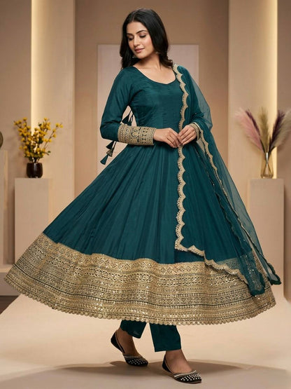 Heavy Natural Crape Embroidered Anarkali Suit Set
