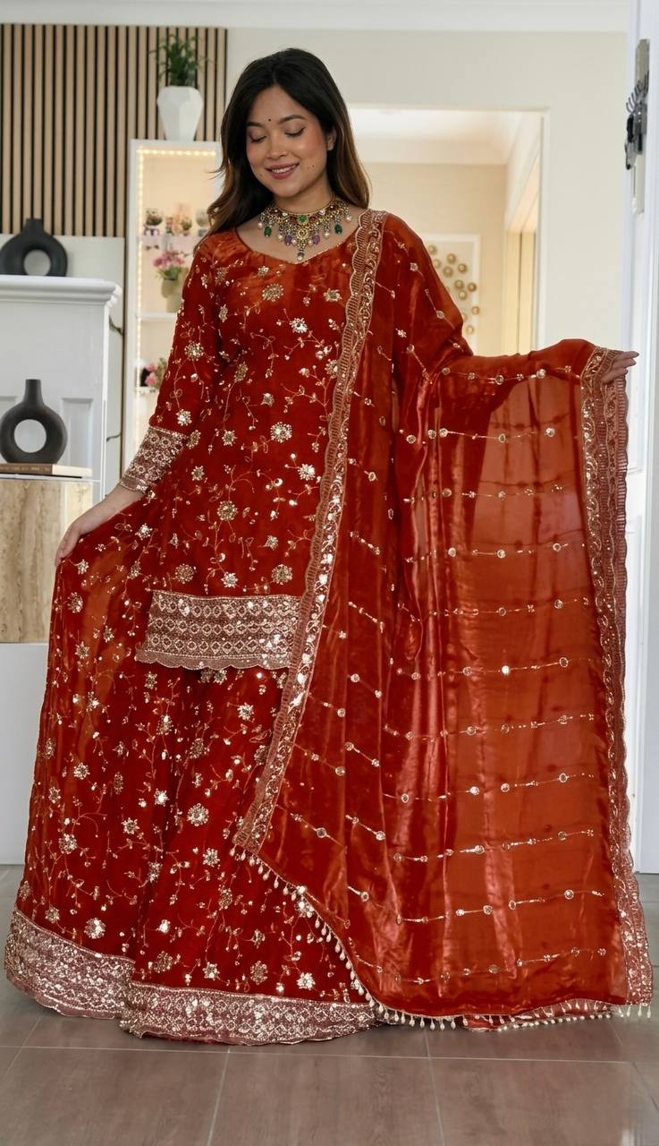 Premium Pure Frendy Silk Embroidered Top Palazzo Dupatta Set