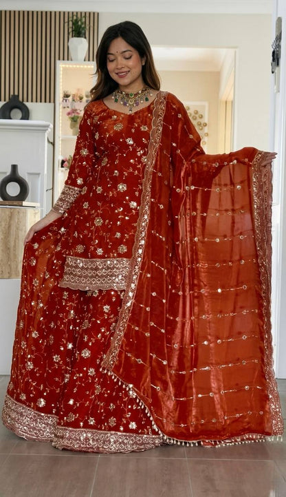 Premium Pure Frendy Silk Embroidered Top Palazzo Dupatta Set